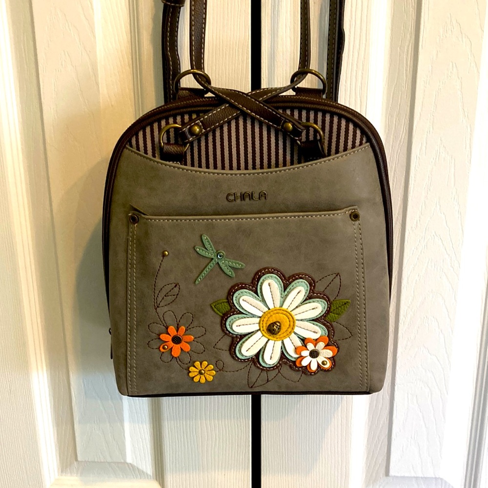 Chala Gray Floral Appliqué Backpack with Orange, Yellow & White Accents